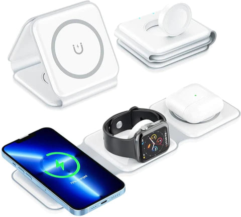 Cargador inalámbrico 3 en 1 blanco cargando celular, audífonos y reloj