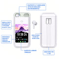 Power bank blanco con audífonos inalámbricos y pantalla táctil