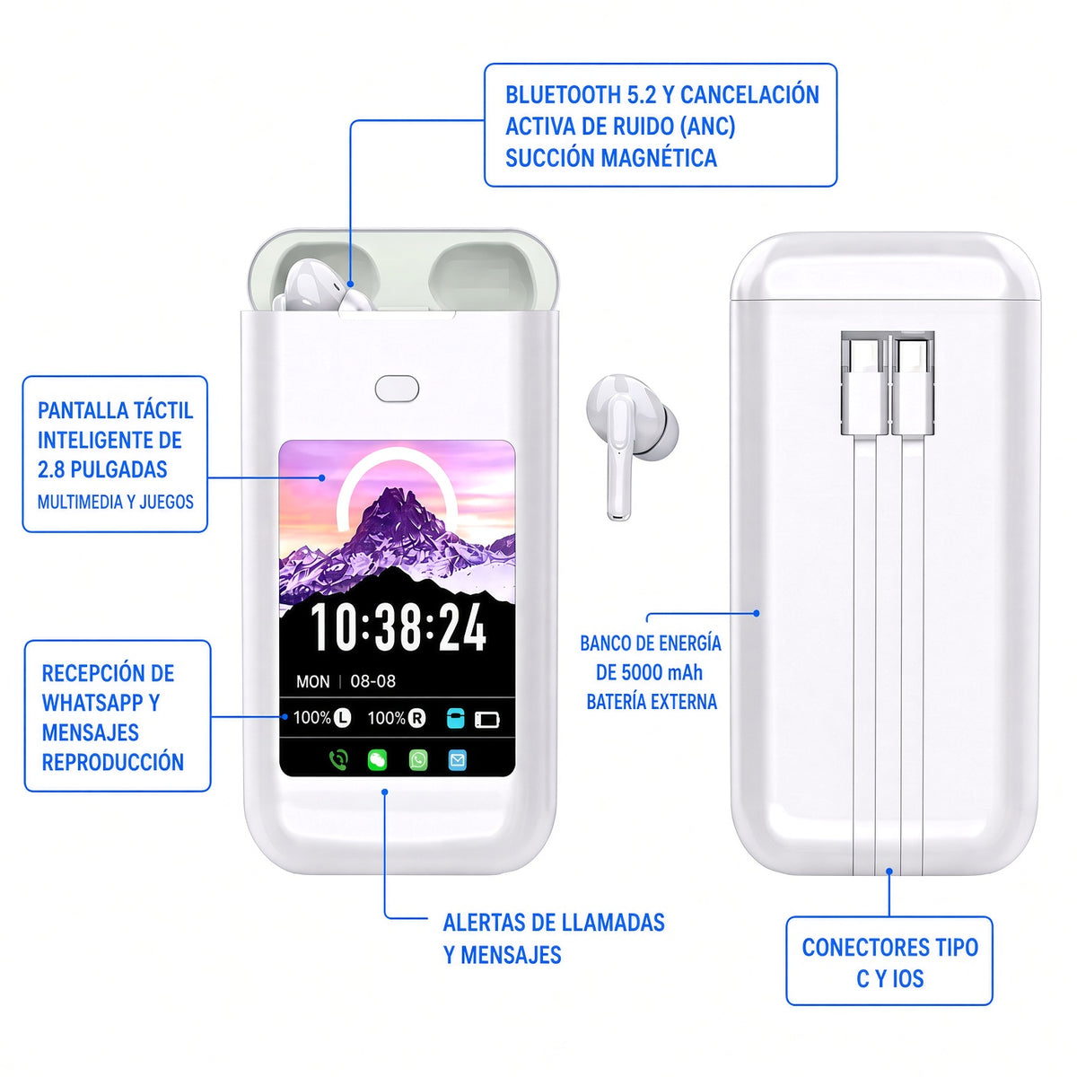 Power bank blanco con audífonos inalámbricos y pantalla táctil