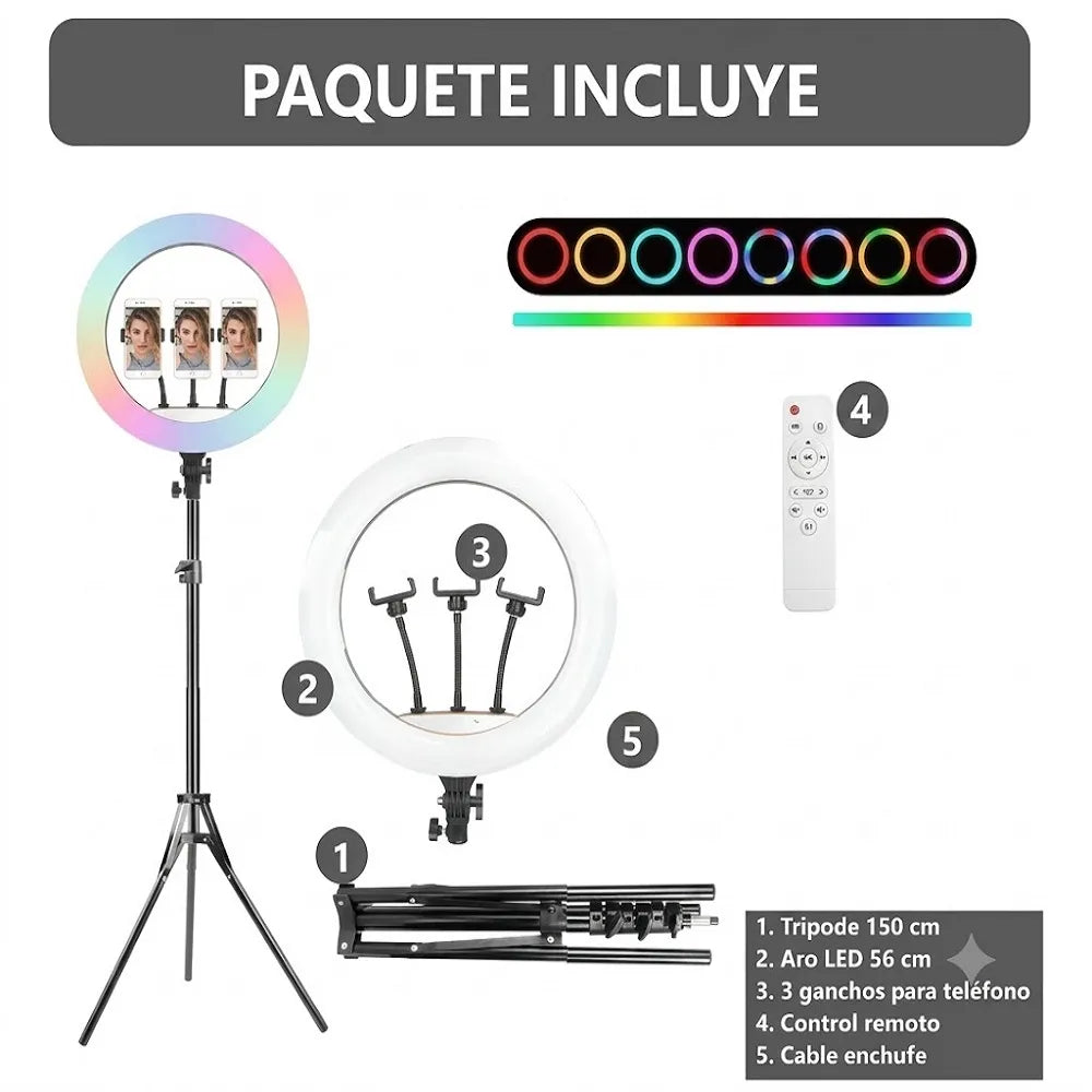 Aro de luz LED 56 cm RGB con trípode